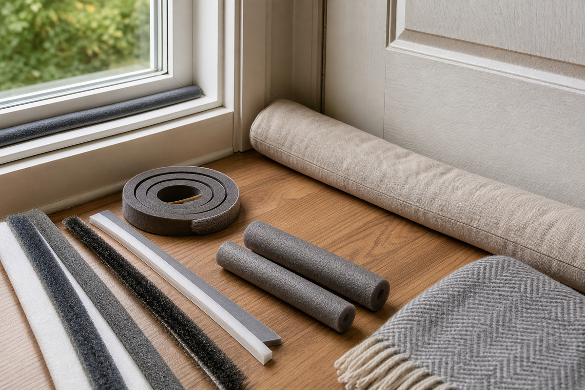 Unbranded repeatable routine scene featuring manual low-risk window and door draft-management accessories