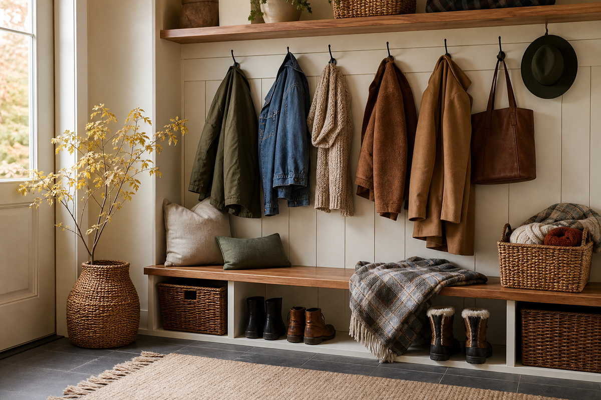 Unbranded practical sequence scene featuring entryway seasonal organization
