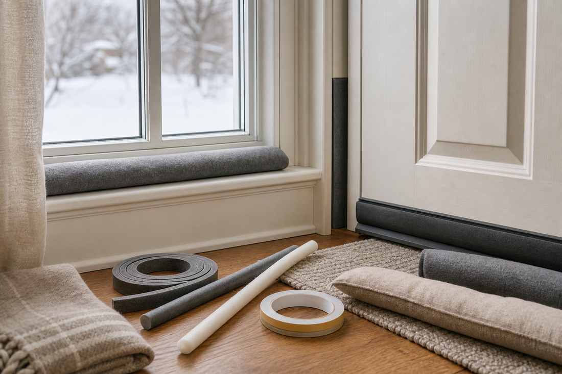 Unbranded practical sequence scene featuring manual low-risk window and door draft-management accessories