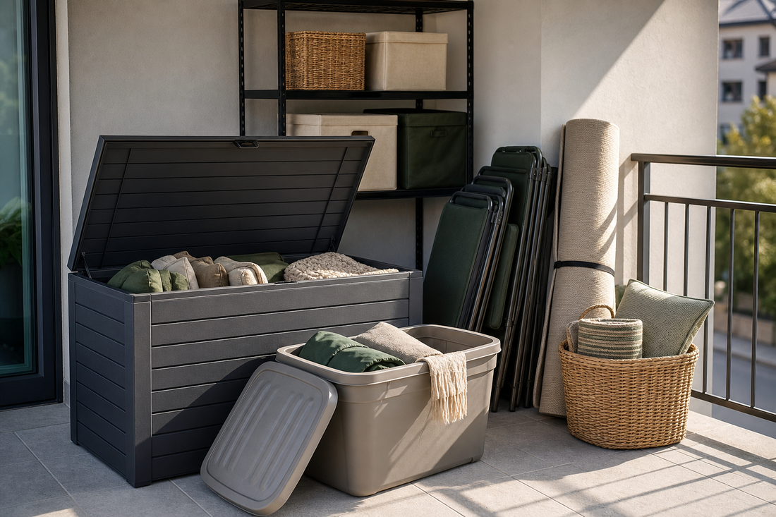 Unbranded orderly inspection setup featuring patio and balcony seasonal storage accessories