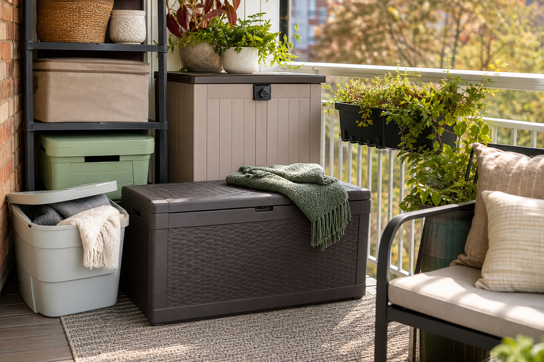 Unbranded organized spatial layout featuring patio and balcony seasonal storage accessories