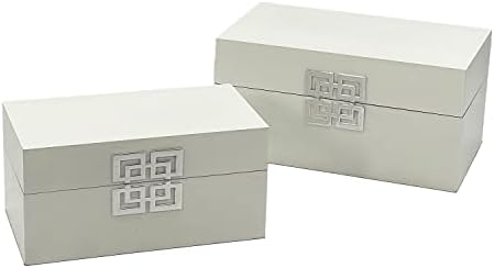 Galt International Storage Box Set Decorative Storage Box w/Hinged Lid Classic Design Wood Decor Boxes with Geometric Clasp Storage for Bedroom & Home - Set of 2 (White & Silver) - Image 4