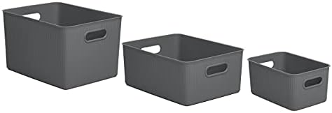 Superio Ribbed Collection - Decorative Plastic Basket Open Home Storage Bins Organizer, Grey (Set of 3) 1 X-Large, 1 Large, 1 Medium - Container Boxes for Organizing Closet Storage Bins for Shelves by Superio
