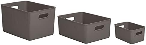 Superio Ribbed Collection - Decorative Plastic Basket Open Home Storage Bins Organizer, Brown (Set of 3) 1 X-Large, 1 Large, 1 Medium - Container Boxes for Organizing Closet Storage Bins for Shelves by Superio
