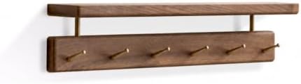 Walnut Wall Hooks with Shelf, Coat Rack Wall Mount, Entryway Hanging Shelf with 6 Brass Hooks for Hats, Clothes, Towels, Bags, Black Walnut Wood, Walnut - Image 7