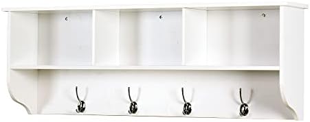 Elegant White Wooden Wall-Mounted Coat Rack with Shelf - Entryway Organizer with 4 Dual Hooks - Modern Storage Display for Home Decor, Plants, Photos - MDF Construction - 39"x8"x14" by HEIGHYOXPFurniture