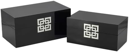 Galt International Storage Box Set Decorative Storage Box w/Hinged Lid Classic Design Wood Decor Boxes with Geometric Clasp Storage for Bedroom & Home - Set of 2 (Black & Silver) - Image 3