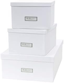Bigso Box of Sweden Set of 3 Storage Boxes with Lids - Organiser Box for Clothes, Office Equipment and More - Wardrobe Storage Boxes with Labels for Bedding or Seasonal Clothing - White by Bigso