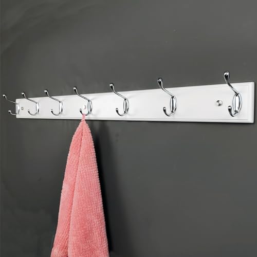 Wooden Wall Mounted Coat Rack – 35 Inch, White with 7 Silver Hooks for Entryway, Hallway, Bedroom - Image 2