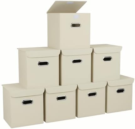 Closet Organizers Fabric Storage Bins With Lids Collapsible Cube Storage Organizer Basket With Handles,Storage Boxes for Clothes Storage,Office,Laundry,Shelves,8 Pack,（Creamy-White） by SEVENDOME