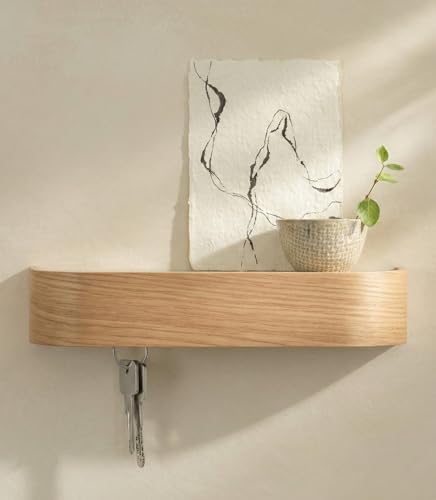 Kazai. Key Holder 'Toke' | Minimalist Key Hook Design from Berlin | Modern Key Holder Wall Mount with Wooden Shelf | Key Rack for Wall as Entryway Organizer | Oak by KAZAI