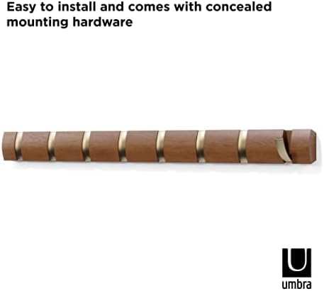 Umbra Flip Coat Rack, Wall Mount 8-Hook Space Saving Light Walnut/Warm Gold - Image 4