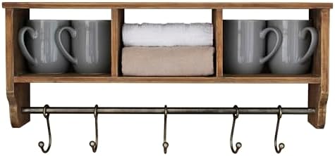 BizChair Wall Mounted Storage Rack - Rustic Brown Solid Pine Wood - 24 Inch - Upper Shelf - 5 Hooks - Wire Baskets - For Entryway, Kitchen, Bathroom - Image 5