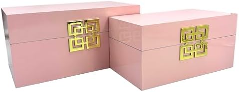 Galt International Storage Box Set Decorative Storage Box w/Hinged Lid Classic Design Wood Decor Boxes with Geometric Clasp Storage for Bedroom & Home - Set of 2 (Pink & Gold) - Image 3