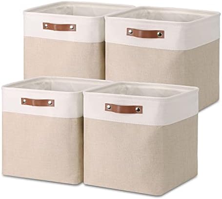 Temary Cube Storage Bins 13x13 Fabric Storage Cubes Baskets Set Of 4 Cloth Baskets for Shelf, Large Bin Empty Basket for Organizing, Shelf Basket (White&Khaki) by TEMARY