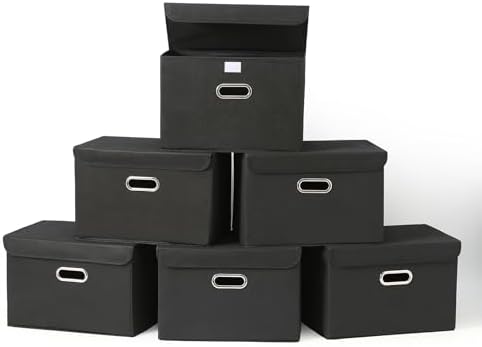 Fabric Foldable Collapsible Storage Cube Bin Organizer Basket with Lid, Handles, Removable Divider for Home, Closet (Black, 6Pcs) by SEVENDOME