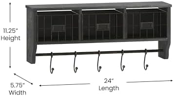 Merrick Lane Enid Wall Mount Storage Rack - Blackwashed Pine Wood - 24" Wide - Upper Shelf - 5 Hooks - Wire Baskets - For Entryway, Kitchen, Bathroom - Image 5