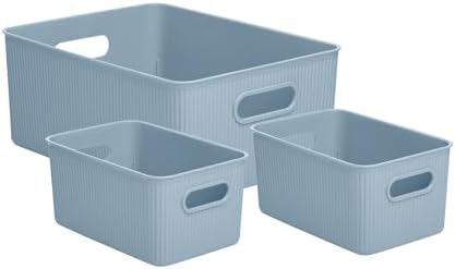 Superio Ribbed Collection - Decorative Plastic Basket Open Home Storage Bins Organizer, Blue (Set of 3) 1 Large, 2 Medium - Container Boxes for Organizing Closet Storage Bins for Shelves Drawer Shelf by Superio