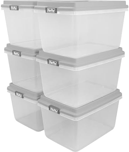 Hefty 72 Qt Hi-Rise Storage Bin with Lid, Stackable Plastic Storage Container, Organizer for Home, Garage & Closet, 6 Pack, Gray by Hefty