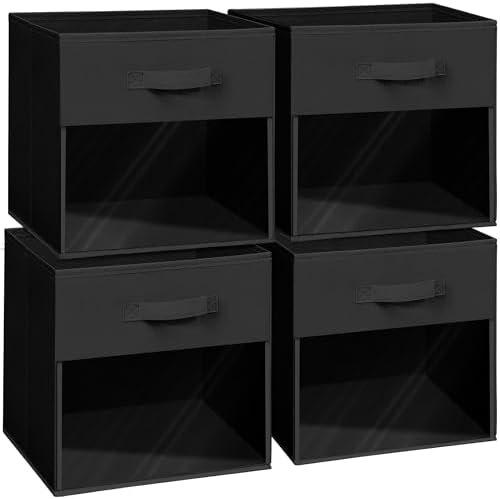 Easi 13 inch Cube Storage Bins, 4 Pack Collapsible Storage Cubes With Window, Clear Cubby Storage Bins for Shelves, Large Closet Storage Baskets Cubes Organizer for Home Organization, Black by Unknown
