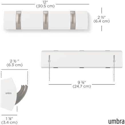 Umbra Flip Coat Rack, Wall Mount Retractable Hooks, 3-Hook, White/Nickel - Image 3