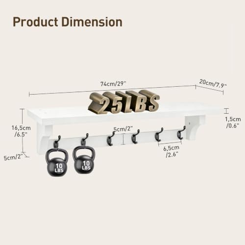 RALGEND 29" Long Coat Rack Wall Mount Shelf, Entryway Wall Shelf with 6 Metal Hooks, Coat Hangers for Living Room, Modern Wooden Floating Shelves for Bathroom, Bedroom, Kitchen, White 7401BJR1WT - Image 2