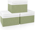 Large 17" 42 Quarts Collapsible Stackable Storage Bins with Lids [3-Pack] Foldable Fabric Linen Storage Boxes Cube, Closet Organizer Baskets with Label for Home (16.7 x 12 x 12", Green & White) by Bagnizer