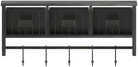 Merrick Lane Enid Wall Mount Storage Rack - Blackwashed Pine Wood - 24" Wide - Upper Shelf - 5 Hooks - Wire Baskets - For Entryway, Kitchen, Bathroom - Image 7