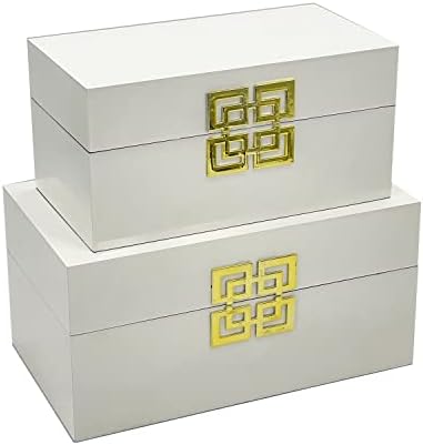 Galt International Large & Small Decorative Storage Box w/Hinged Lid - Classic Design Wood Decor Boxes with Geometric Opening Clasp - Home & Office Storage - Set of 2 (White + Gold) - Image 2