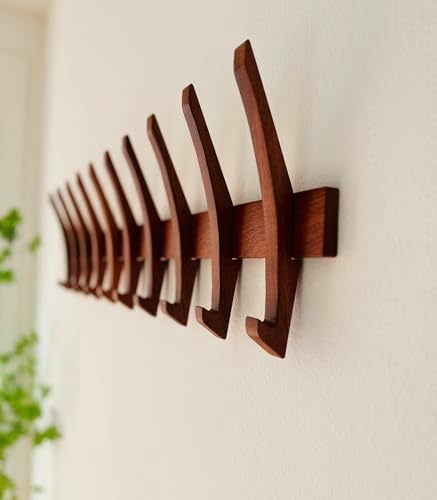 Wooden Wall Hook Rack with 5 Hooks, Solid Sapele Wood Coat Rack, Mid-Century Modern Wall Mounted Entryway Organizer, Heavy-Duty 22 lb Capacity - Image 3