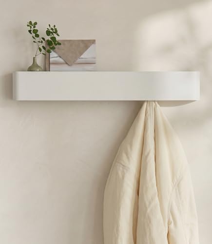 Kazai. Coat Rack Wall Mount with Shelf 'Tone' | Modern Design Coat Hanger with Hidden Hooks and Storage | Hat Rack with Shelf in Metal | Wall-Mounted Purse Organizer | White by KAZAI