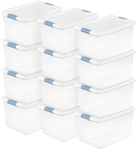 Sterilite 12 Pack Latching Box, Under Bed Storage Bins with Lids, Clear Plastic, 64 Quart - Heavy-Duty Organizing Containers for Closet, Bathroom, and Office by Sterilite