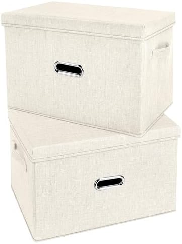 Large Linen Fabric Foldable Storage Bins with Removable Lid and Handles, Washable Storage Box Organizer Containers Baskets Cube with Cover for Bedroom,Office(Cream, XXL(2-Pack)) by Unknown