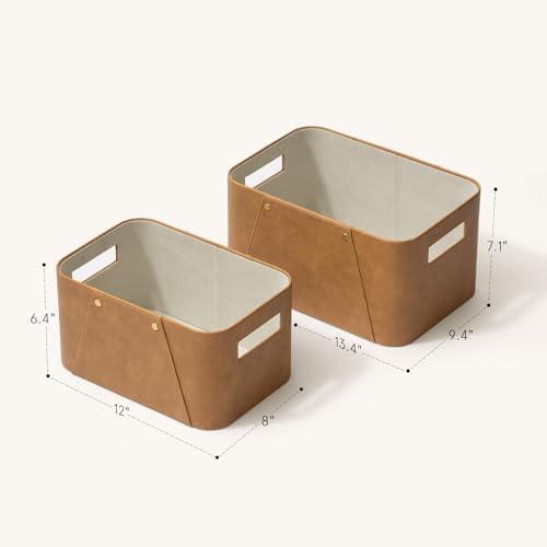 La Jolie Maison Faux Leather Storage Baskets for Organizing, Camel 2 Pack - Image 4