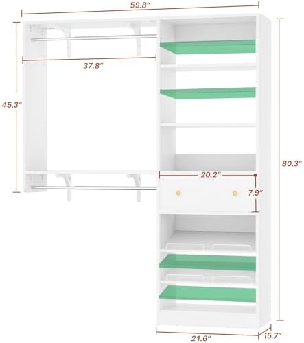 Closet System with Drawer - Reversible 5FT Wood Closet Organizer System with 2 Hanging Rods and Adjustable Shelf, Walk In Closet Organizers with Shoe Rack, Built-In Garment Rack Clothes Rack, White - Image 3