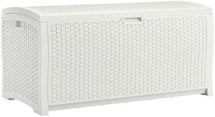 Suncast 99 Gallon Wicker Horizontal Outdoor Deck Box with Hinged Lid, Water-Resistant Storage Solution for Patio, Deck, Yard, and Garage, White, Made in the USA by Unknown