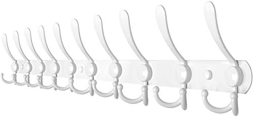 WEBI Coat Rack Wall Mount,37 5/8" Long,10 Hooks,Coat Hooks Wall Mounted,16" Hole to Hole,Coat Hanger Wall,Tri Hooks for Hanging Coats,Clothes,Jacket,Hats,White by WEBI