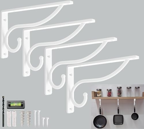 Closet Rod Bracket, 8 Inch Hook Shelf Brackets Heavy Duty Wall Mounted, Black Closet Rod Support Brackets for Curtains, Hanging Hook Kitchen, Garage Shelf Supports (4 Pack) (White, 8 Inch) by BalinDesigns