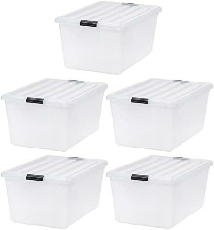 IRIS USA 68 Quart / 17 Gal. Stackable Plastic Storage Bins with Lids and Latch Buckles, 5 Pack - Pearl, Large Containers for Home and Office Ultra Organization, Durable Nestable Tote Box Tub by IRISUSA
