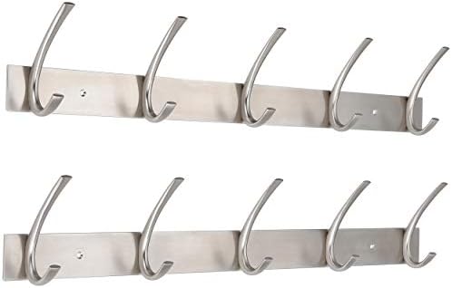 BIRDROCK HOME Premium 5-Hook Stainless Steel Coat and Hat Rack for Wall - Set of 2 - Front Door Organizer - Mounted Hanger for Jackets, Clothes, Hats, Towel - Silver Dual Hooks - Brushed Nickel Finish by BIRDROCKHOME