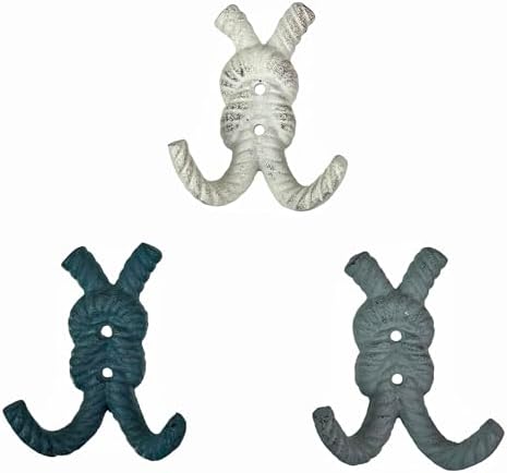 Zeckos Set of 3 Rope Knot Wall Hooks, 4 Inch Green Blue White Cast Iron by Zeckos