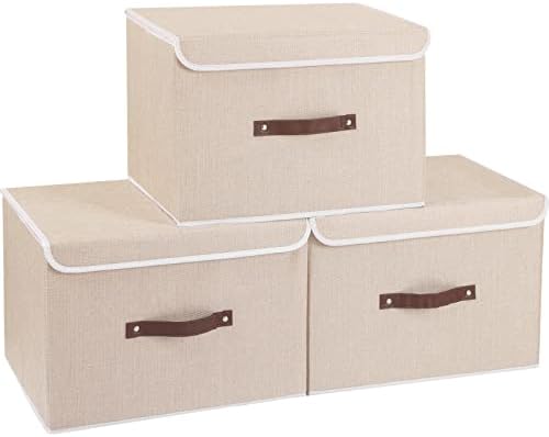 Yawinhe Fabric Storage Boxes with Lids,Beige,15.0x9.8x9.8in,3-Pack by Yawinhe