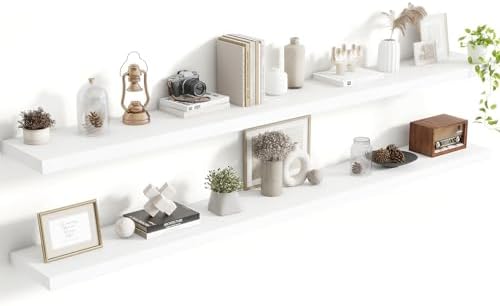 Acovy 72 Inch Floating Shelves, 8 Inch Deep Floating Shelves for Wall, Hanging Shelf with Invisible Brackets, Deep Shelves for Bathroom, Bedroom, Living Room, White, Set of 2 by Acovy