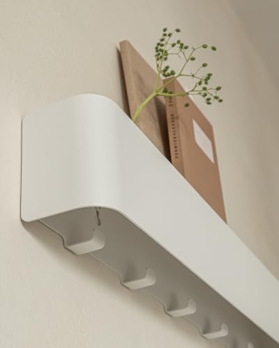 Kazai. Coat Rack Wall Mount with Shelf 'Tone' | Modern Design Coat Hanger with Hidden Hooks and Storage | Hat Rack with Shelf in Metal | Wall-Mounted Purse Organizer | White - Image 3