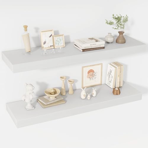 Acovy 40 Inch Floating Shelves, 12" Deep Floating Shelf Wall Mounted, 40" Wall Shelves, Rustic Deep Bookshelf, Extra Deeper & Thicker Display Shelves for Bedroom, Living Room, White, Set of 2 by Acovy