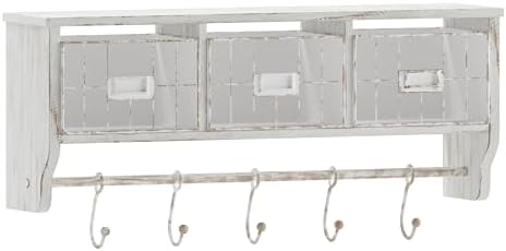 Merrick Lane Enid Wall Mount Storage Rack - Whitewashed Pine Wood - 24" Wide - Upper Shelf - 5 Hooks - Wire Baskets - For Entryway, Kitchen, Bathroom - Image 2