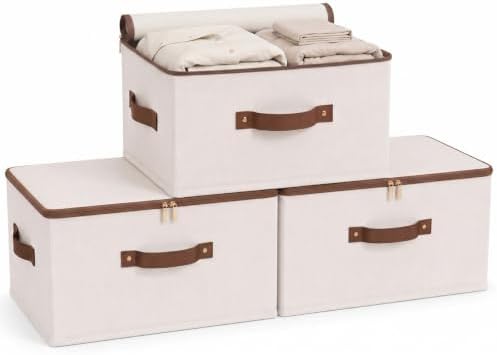 Tuza 3 Pcs Rigid Storage Bins with Zipper Lid, Cotton Linen Fabric Storage Boxes, Foldable Shelves Clothes Storage Cubes with Handles for Wardrobe, Closet(Beige, 56L) by LOVEWHEREYOULIVE