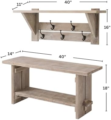 Alaterre Bethel Rustic Solid Wood Bench & Wall Mounted Coat Rack, Driftwood - Image 3