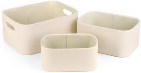 HofferRuffer Faux Leather Storage Baskets Bins with Velvet Lining for Organizing, Storage, Gifts, Set of 3 Nesting Shelf Baskets Decorative Storage Boxes for Home Organization (Cream White) - Image 3
