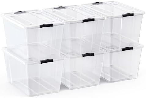 Lifetime Appliance Parts 6 PACK 54 Qt. Plastic Storage Bin Tote Organizing Container with Ultra Durable Lid & Secure Latching Buckles Stackable Extra Strength Clear w/Black Handle by LifetimeApplianceParts